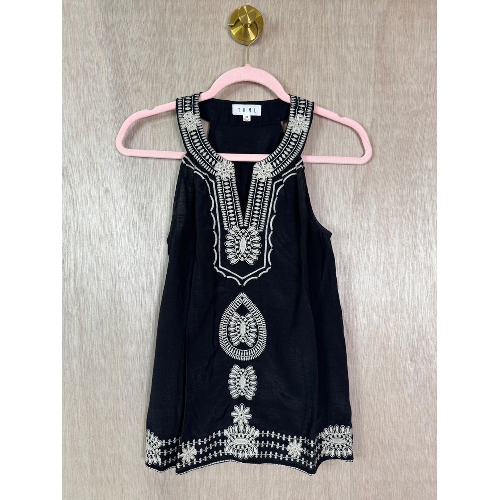 THML Women Black Tribal Print Embroidered Sleeveless Halter Blouse Top XS